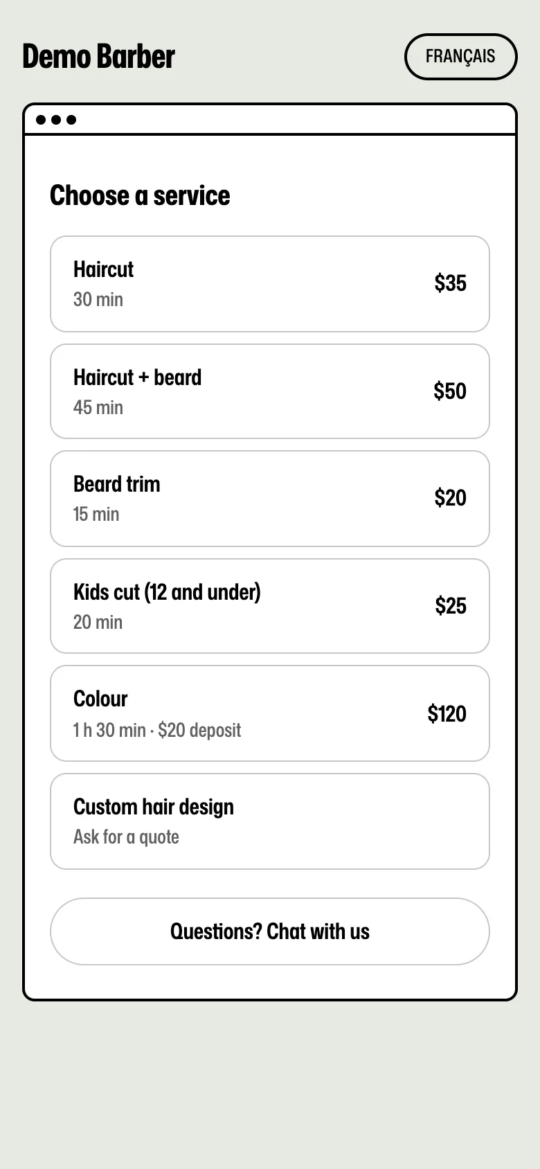 The shop's own booking page on a phone, top of the page.