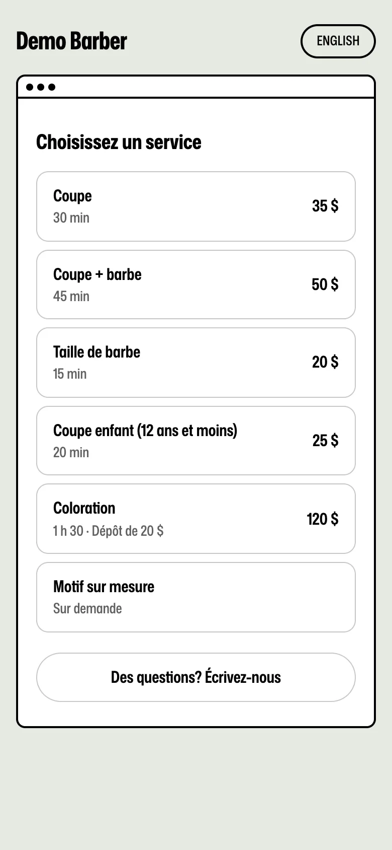 La page de réservation du commerce sur un téléphone, en haut de la page.