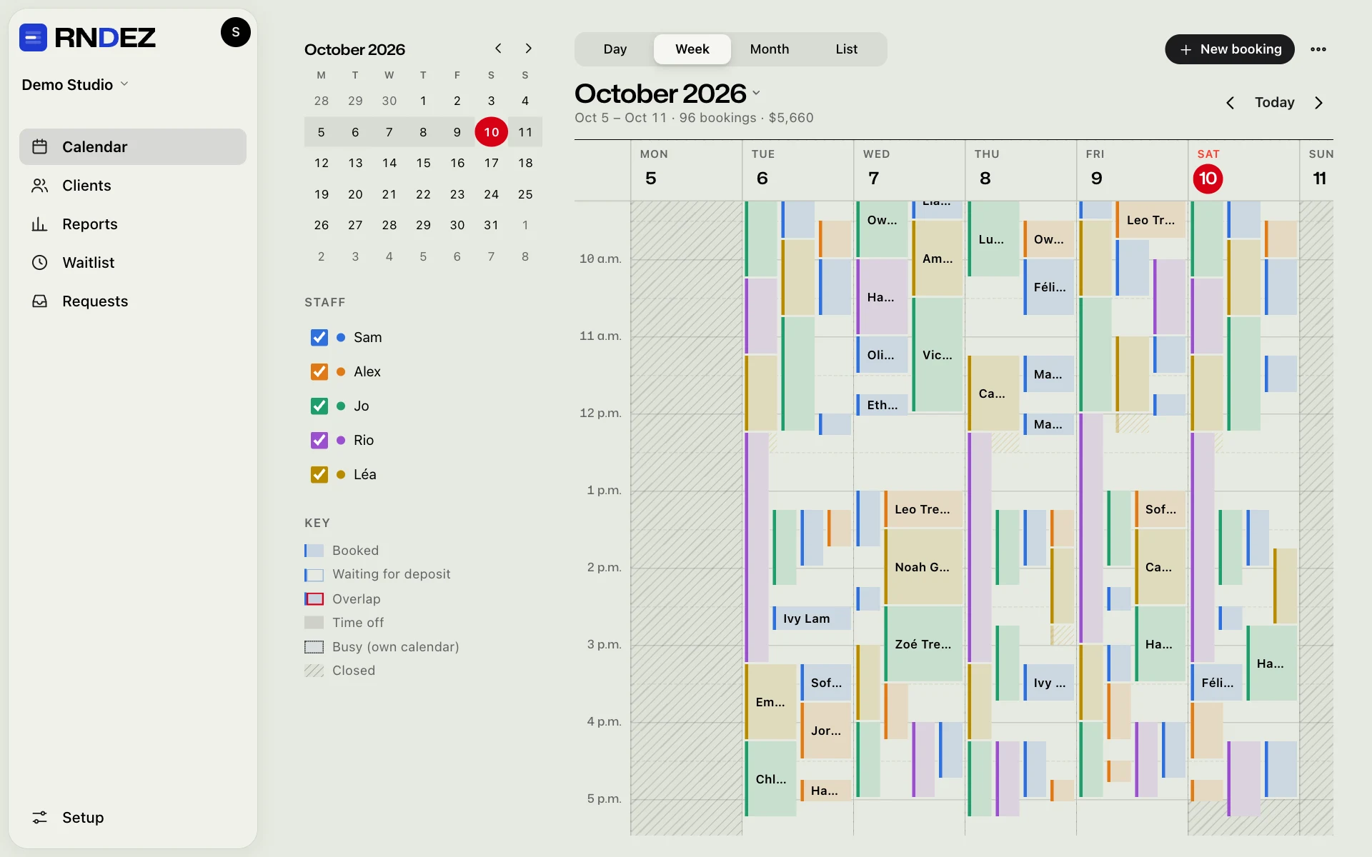 The owner dashboard Week view on a computer, full of bookings coloured by staff member.