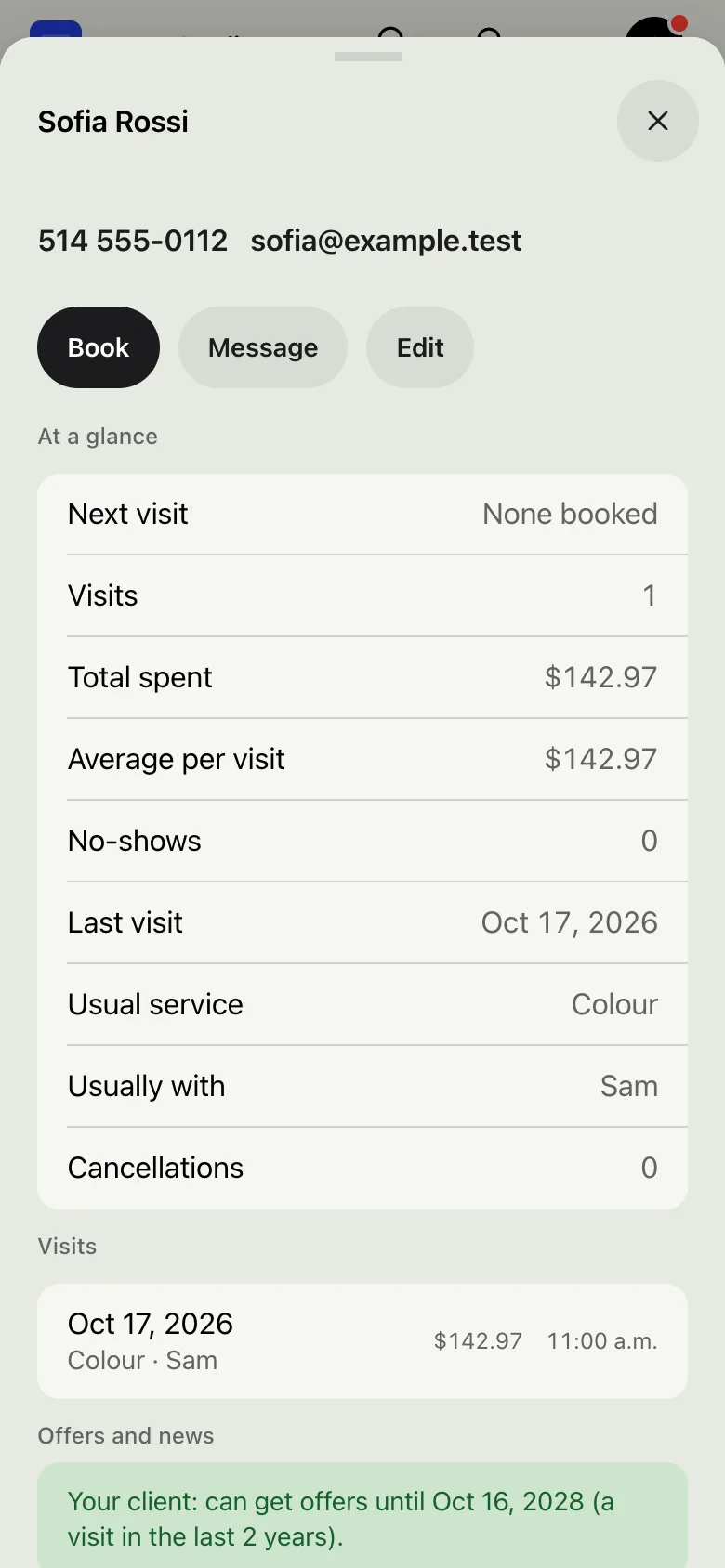 One client on a phone: visits, what they spent, notes and their answers to your questions.