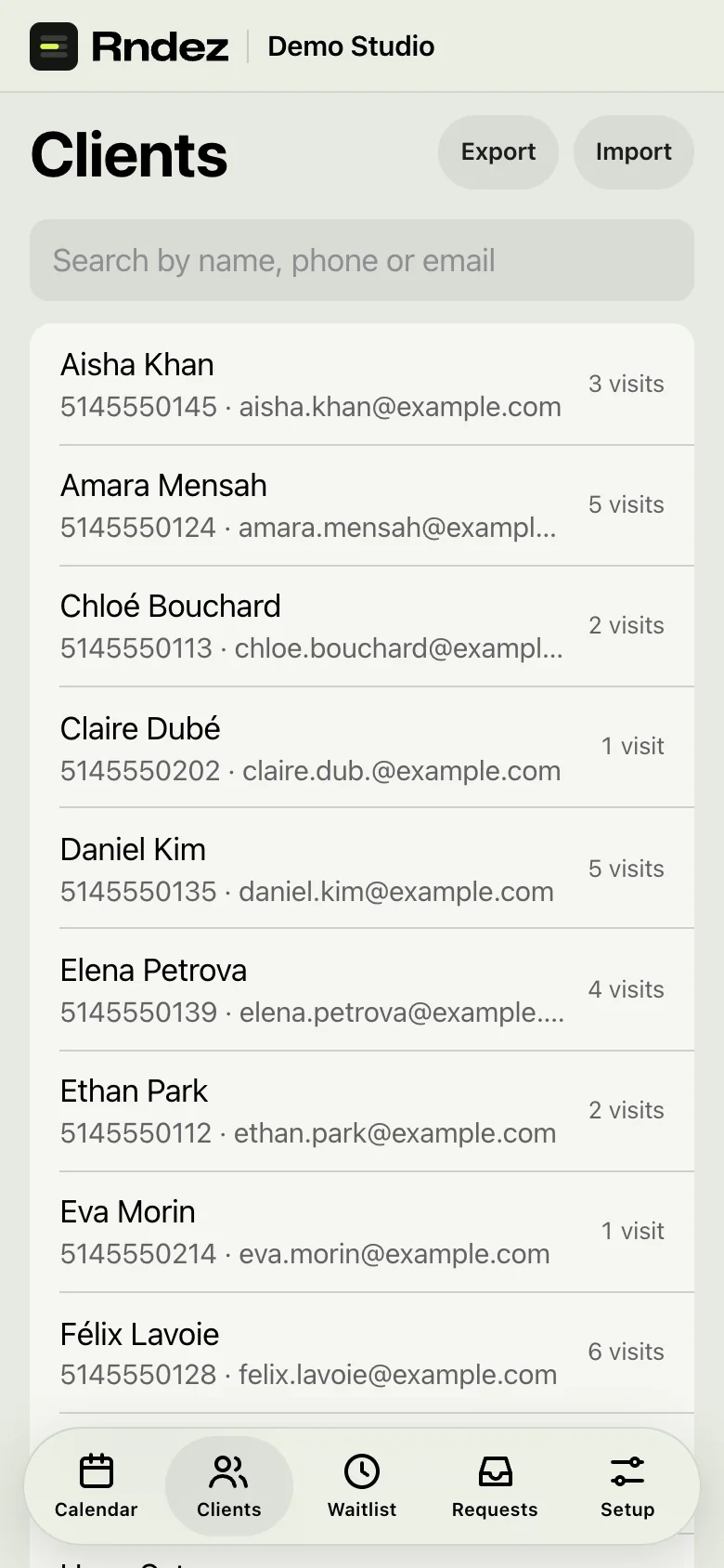 The client list on a phone with visit counts and the Import and Export buttons.