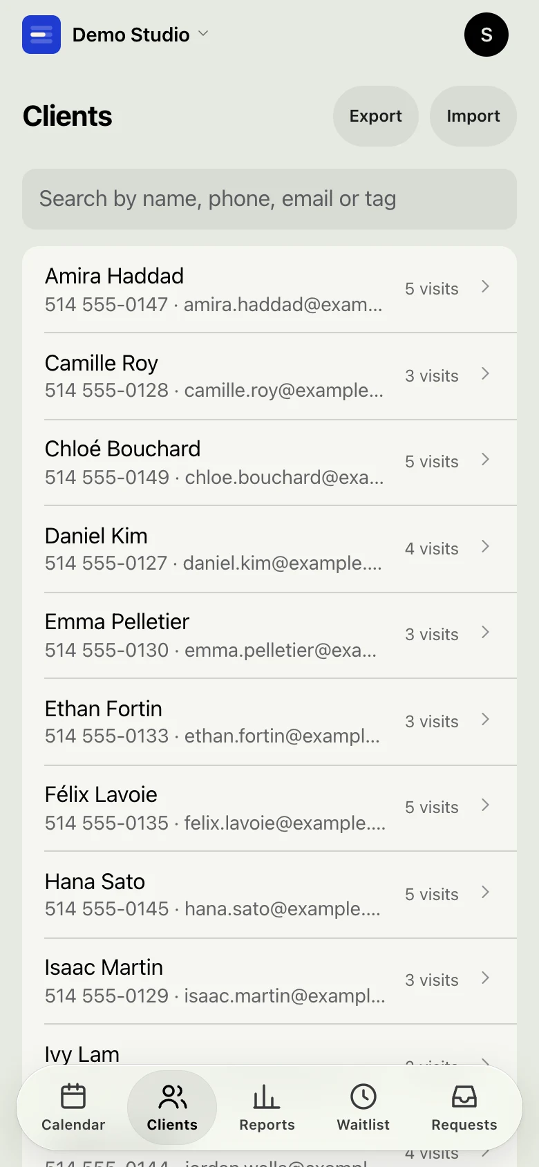The client list on a phone with visit counts and the Import and Export buttons.
