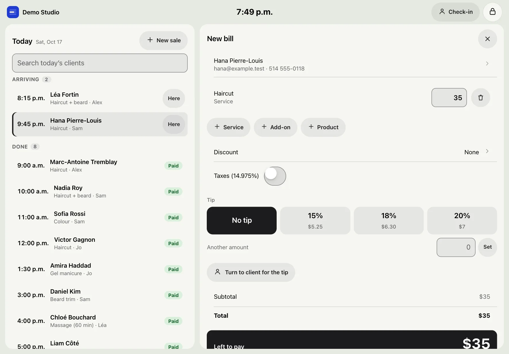 The iPad counter: today’s clients on the left, one bill on the right with tip buttons and the ways to pay.