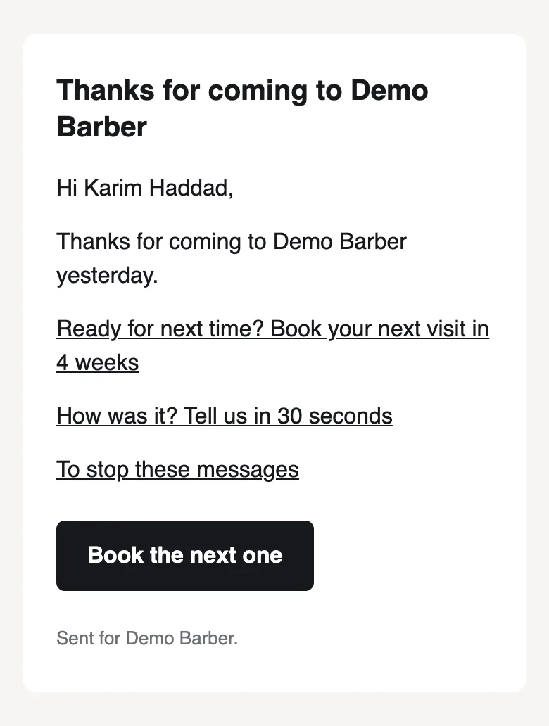 The thank-you email the day after a visit, with a link to book the next one.