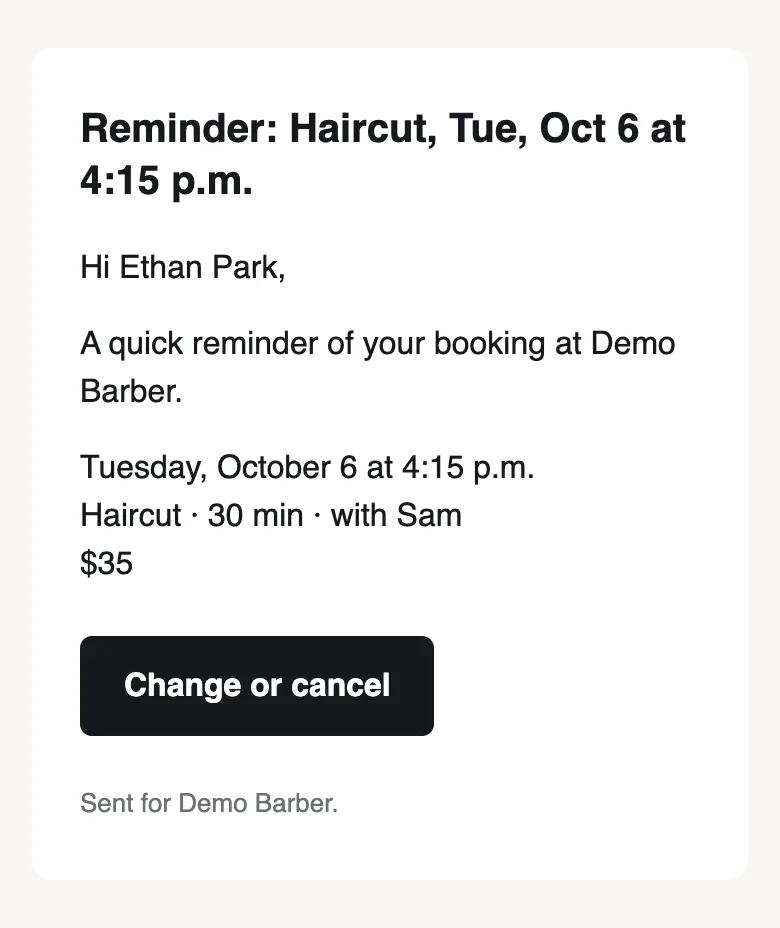 The reminder email a client gets before the visit, with a button to change or cancel.