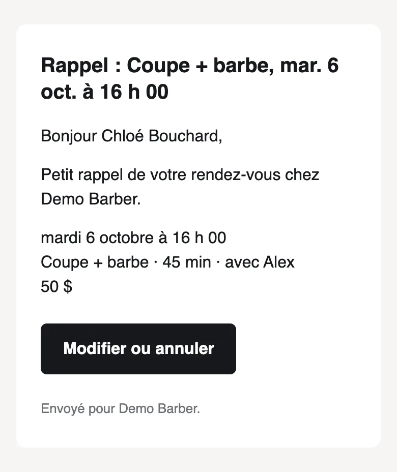 Le courriel de rappel reçu avant la visite, avec un bouton pour modifier ou annuler.