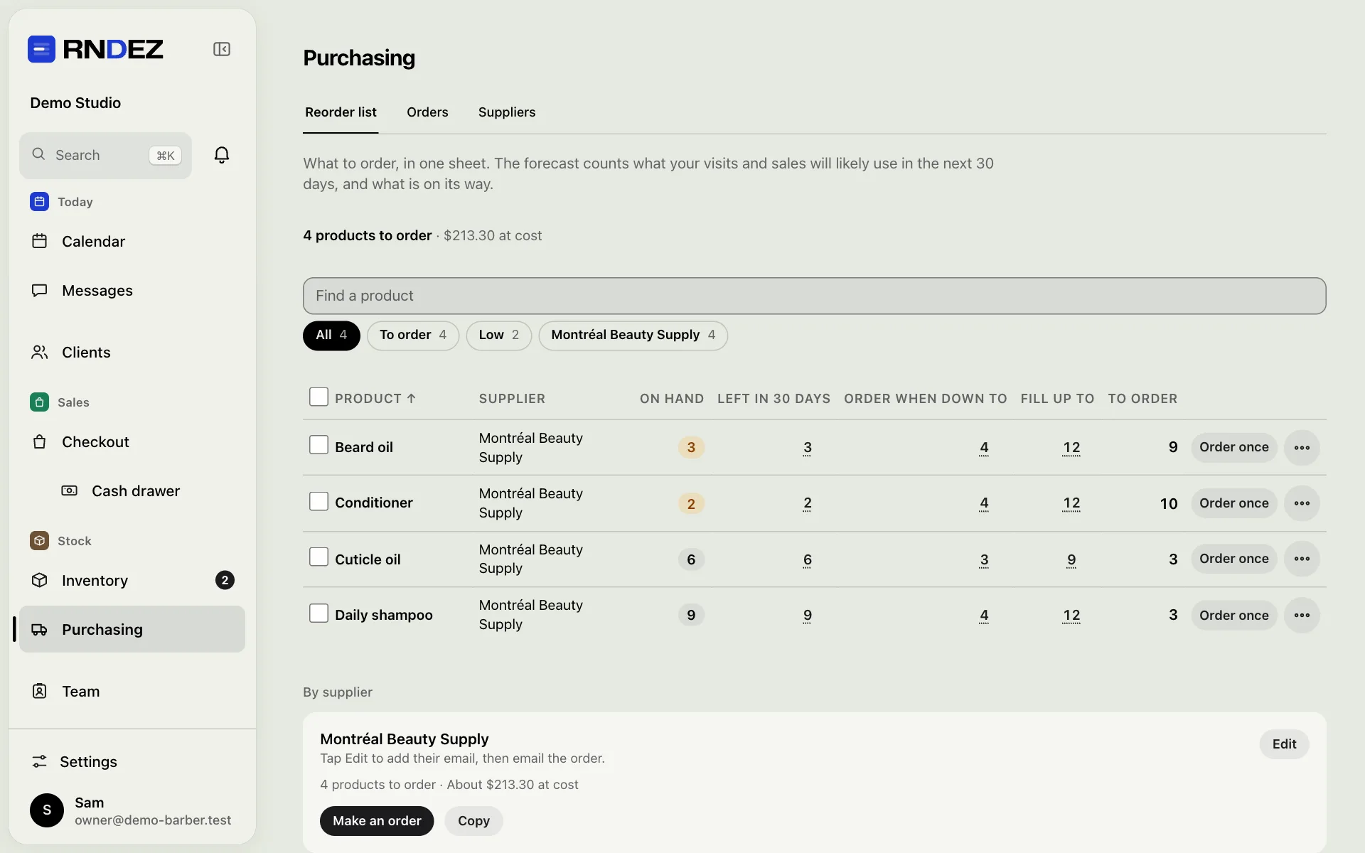 The reorder list: what runs low, how many to order from each supplier, and when to order.