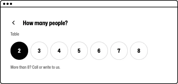 The booking box for a table: the client picks how many people, from 2 to 8.