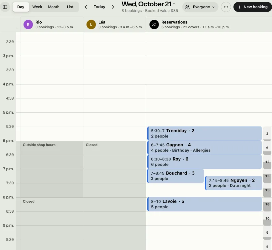 The calendar on a computer with the Reservations lane: each table booking shows the time, the name and how many people, with covers per half hour on the side.