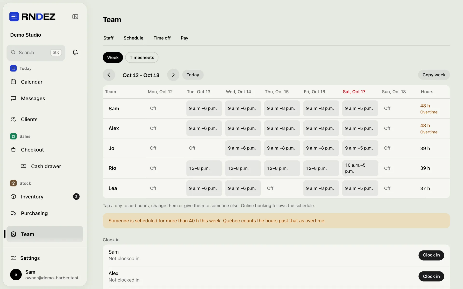 Team → Schedule: each person’s hours for the week, with shifts.