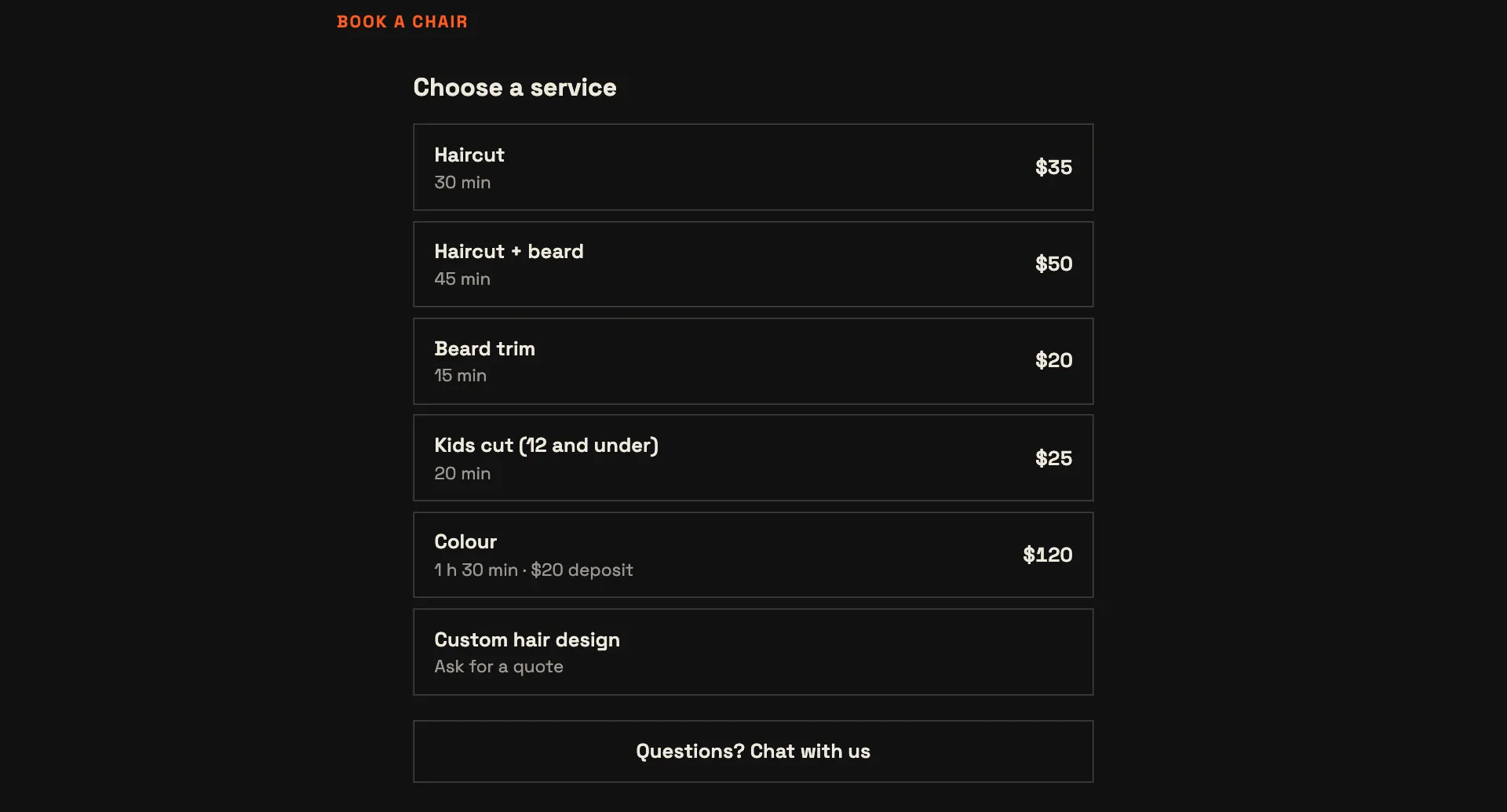 A made-up barbershop website with the Rndez booking box inside it, using the site's own dark colours and font.