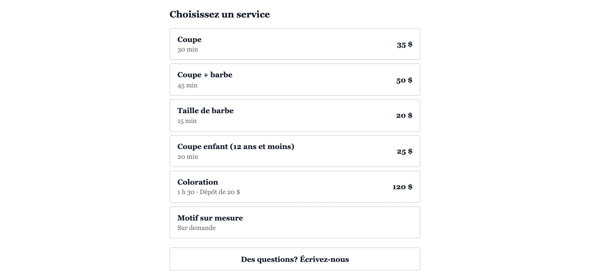 Un site de salon fictif avec la boîte de réservation Rndez, qui prend la police et les couleurs du site.