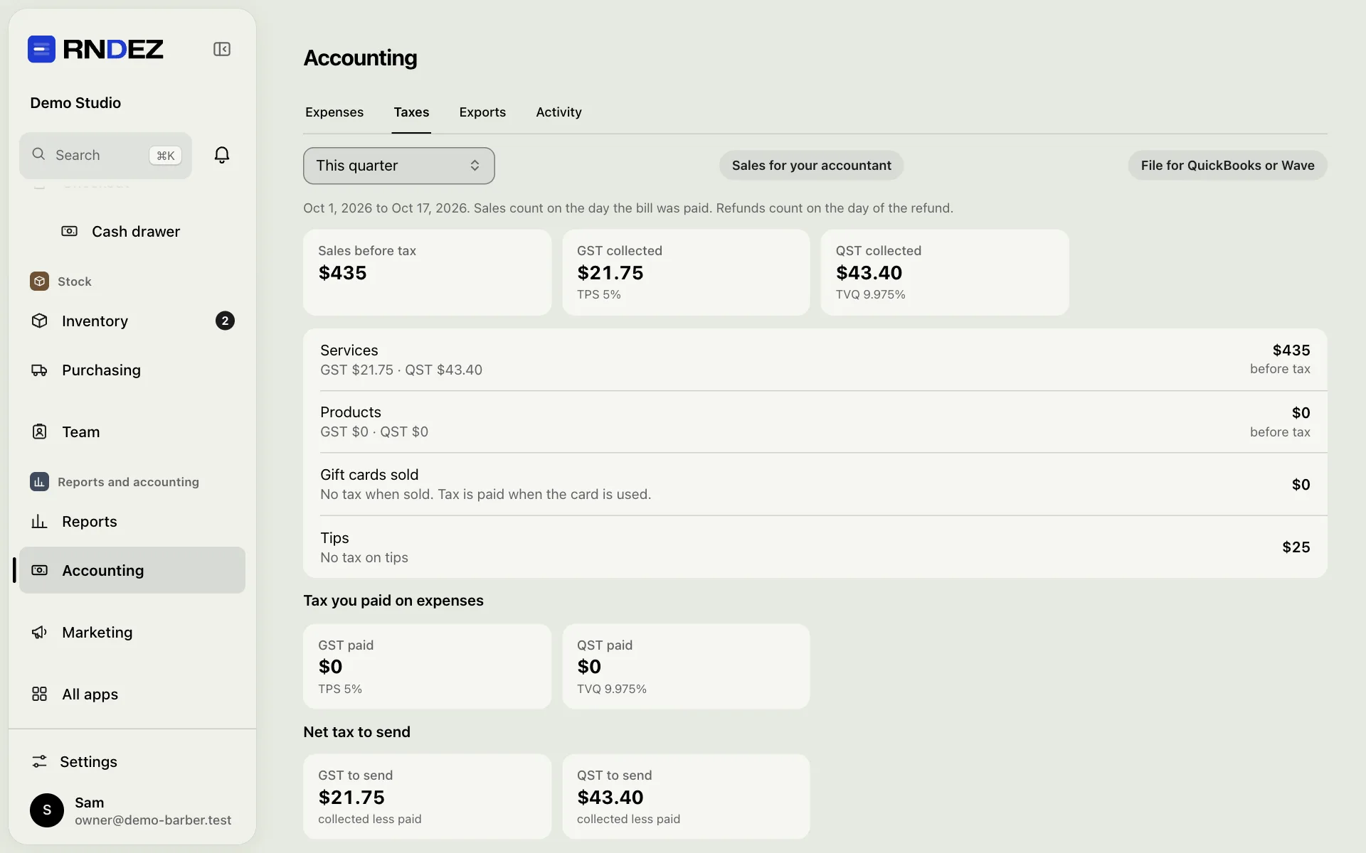 Accounting → Taxes: sales, GST and QST for the period, ready for your accountant.