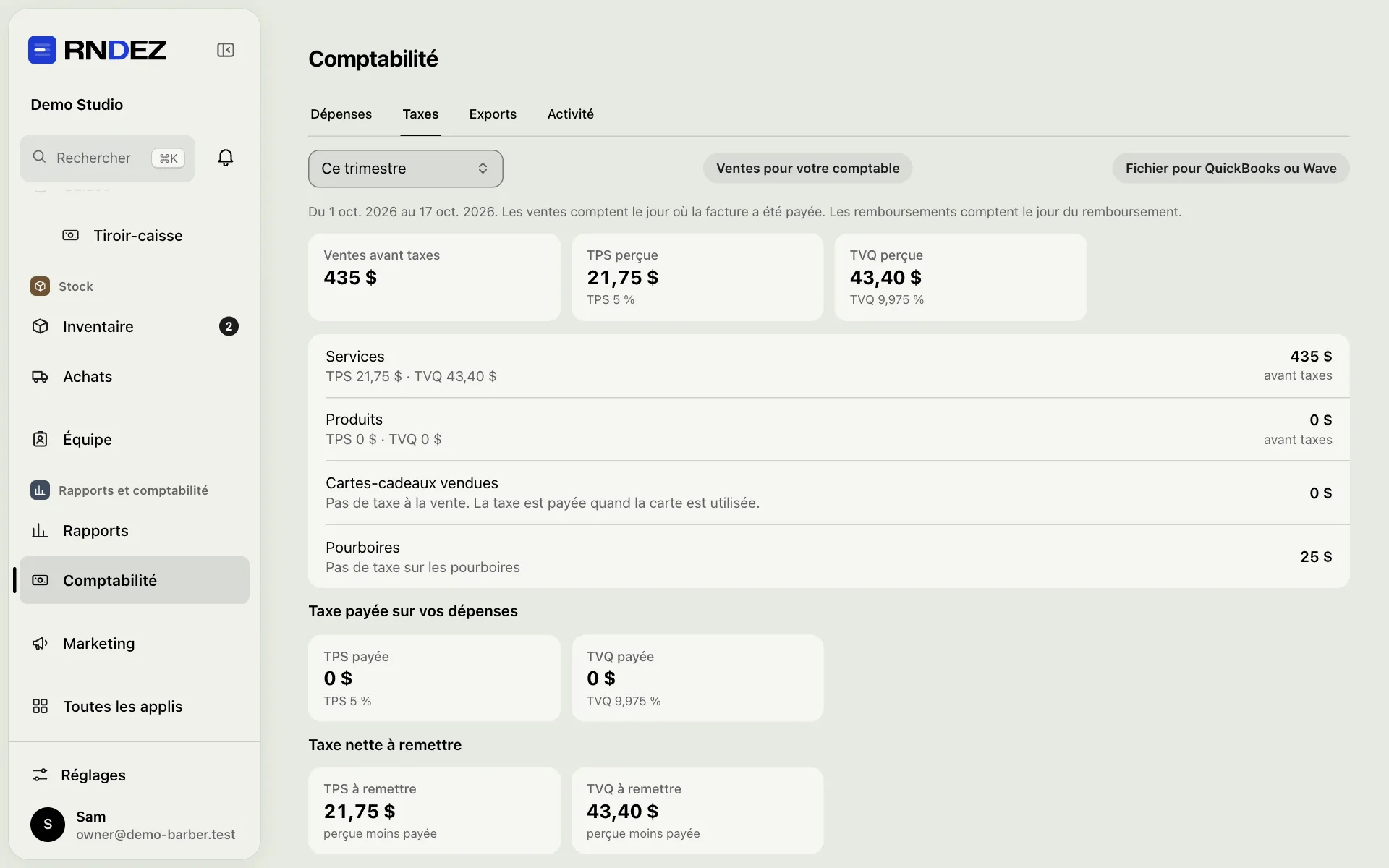 Comptabilité → Taxes : les ventes, la TPS et la TVQ de la période, prêtes pour votre comptable.