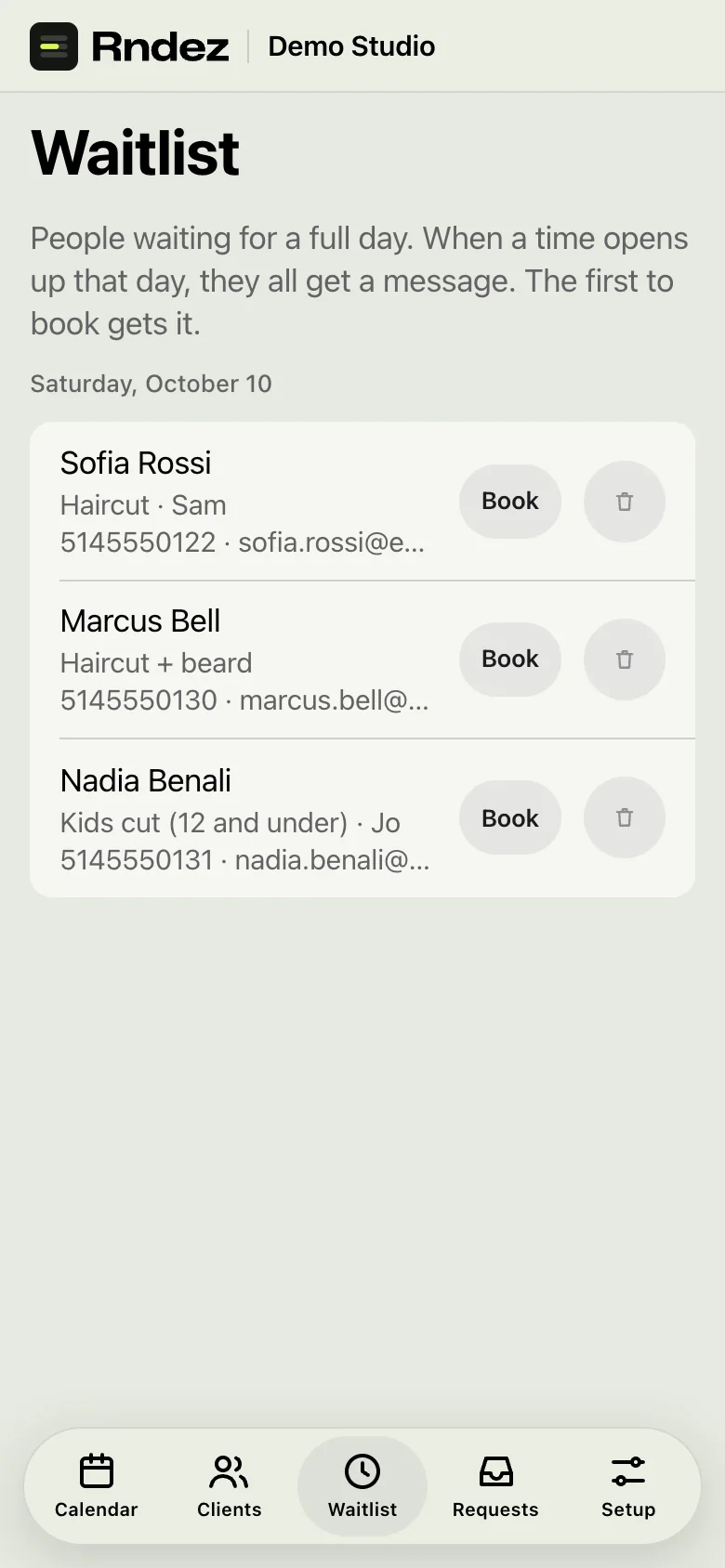 The Waitlist tab on a phone with three people waiting for a full Saturday.