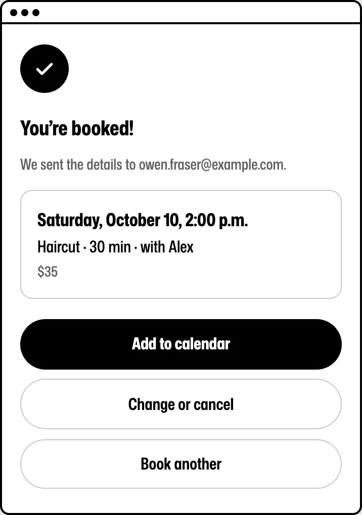 The booking box confirmation screen: You're booked, with the date, service, barber and price.