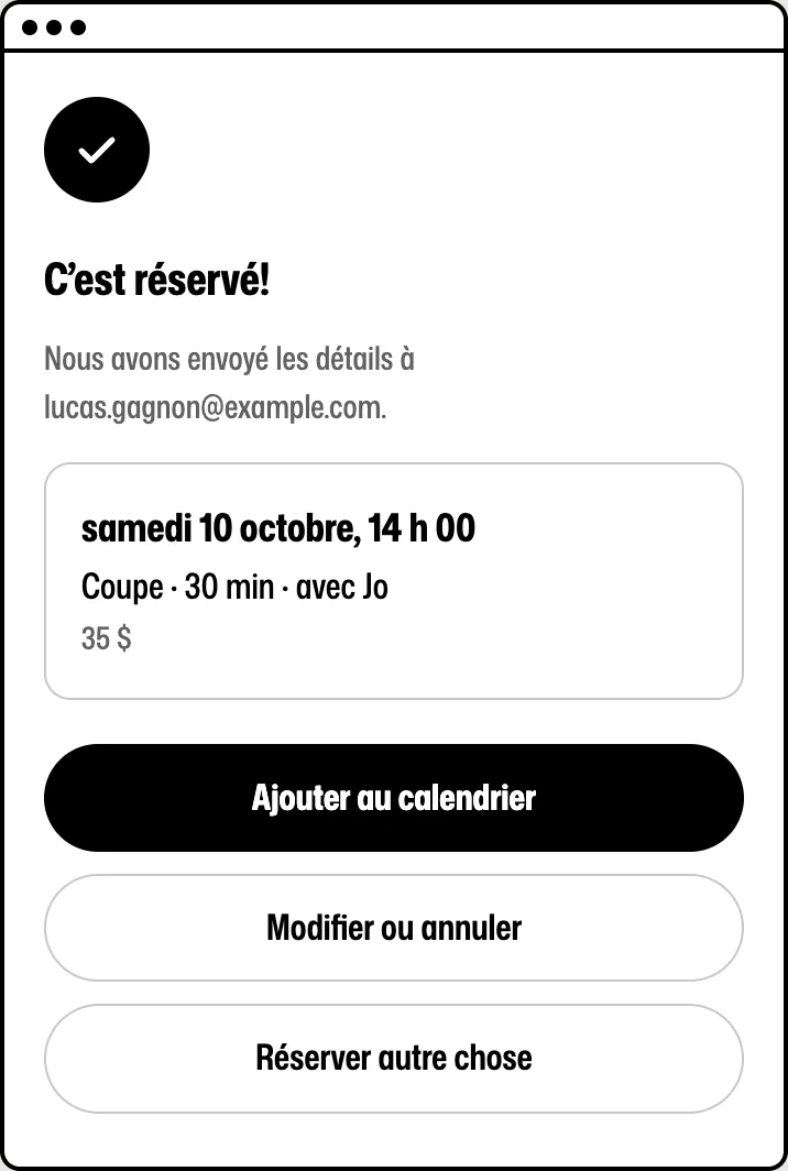The booking box confirmation screen in French: C'est réservé, with the date, service, barber and price.