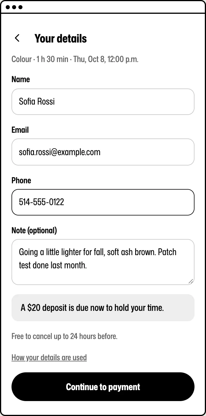 The booking box details step for a Colour booking, saying a $20 deposit is due now, before the client goes to pay.