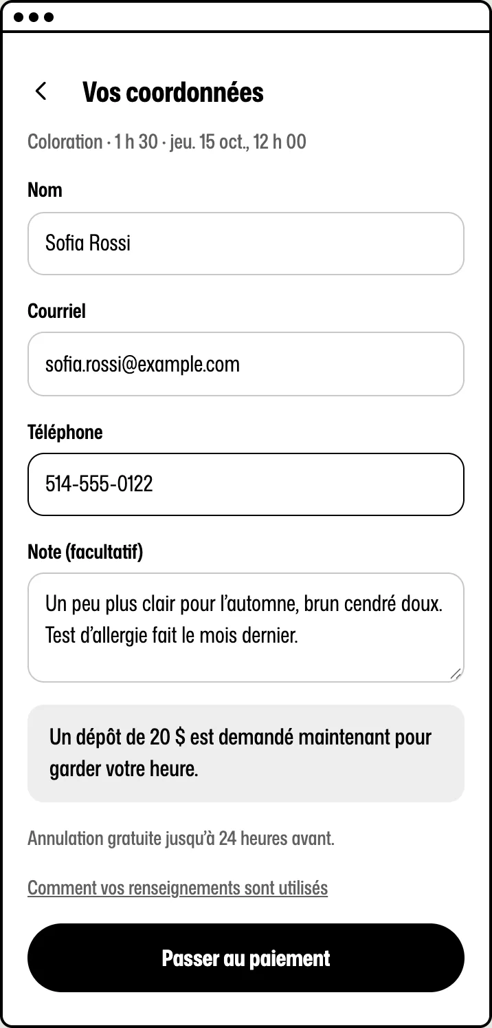 L’étape des coordonnées pour une coloration : un dépôt de 20 $ est demandé maintenant, avant de passer au paiement.