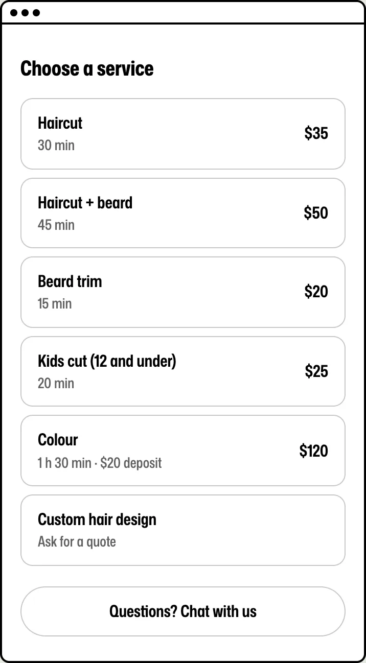 The booking box on a phone, first step: the client picks a service, with prices and the $20 deposit on Colour.
