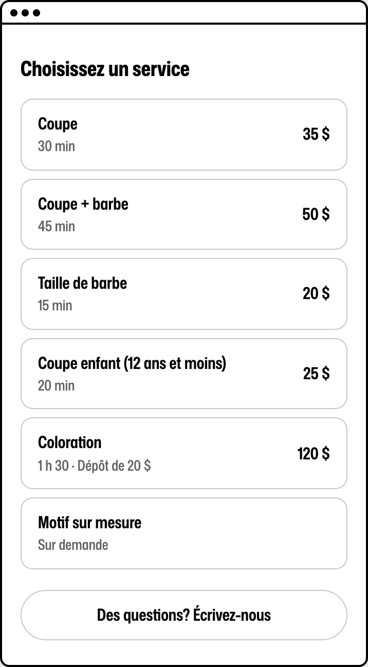 La boîte de réservation sur un téléphone, première étape : le client choisit un service, avec les prix, la durée et le dépôt de 20 $ sur la coloration.