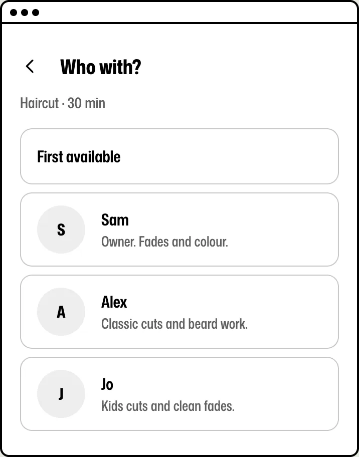 The booking box step where the client picks who cuts their hair: first available, Sam, Alex or Jo.