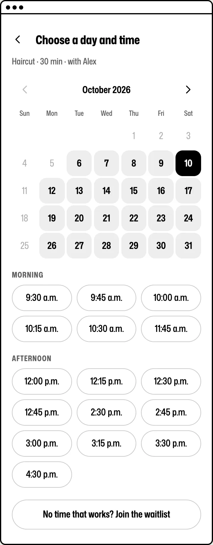 The booking box step where the client picks a day on the calendar and sees the free times, with a waitlist button.
