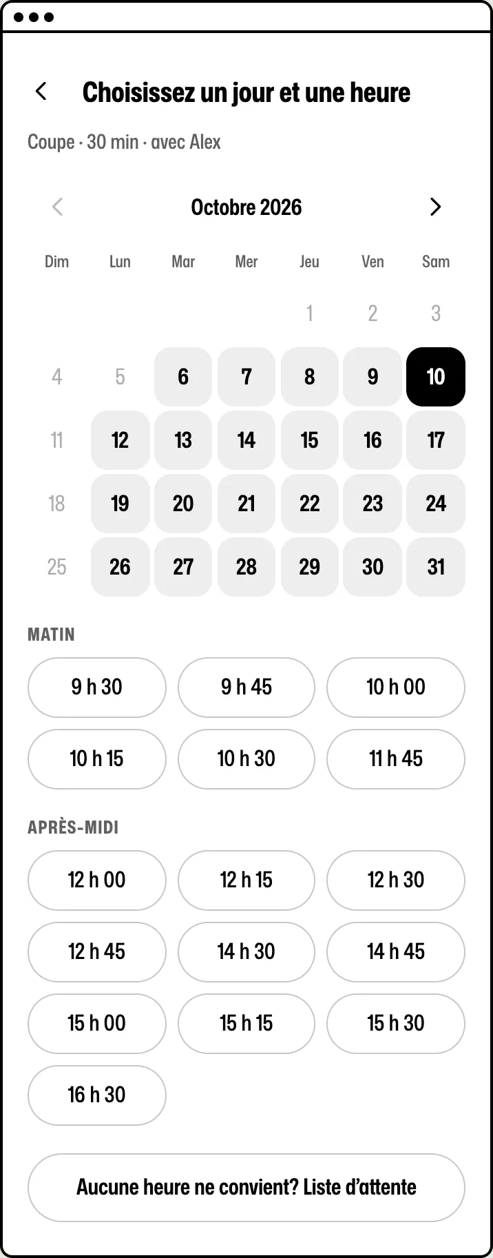 La boîte de réservation sur un téléphone : le client choisit un jour dans le calendrier et voit les heures libres, avec un bouton pour la liste d’attente.